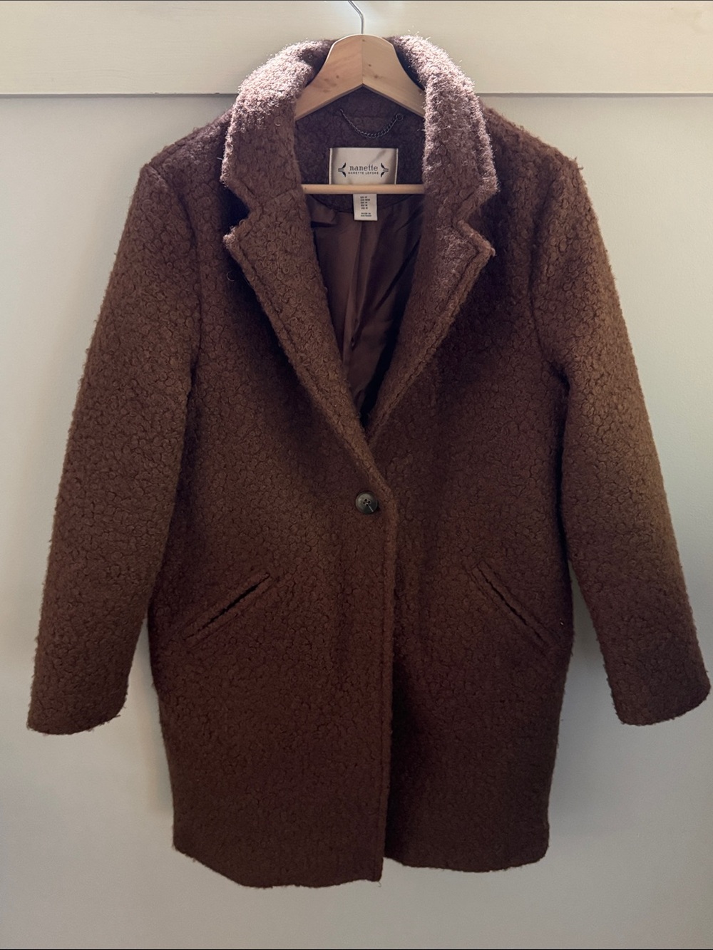 Nanette Lepore Bouclé Teddy Coat Brown Single Button Faux Shearling Textured M